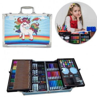 Набор для творчества в алюминиевом чемодане Единорог 145 предметов, чемодан для рисования детский кейс. Цвет: голубой