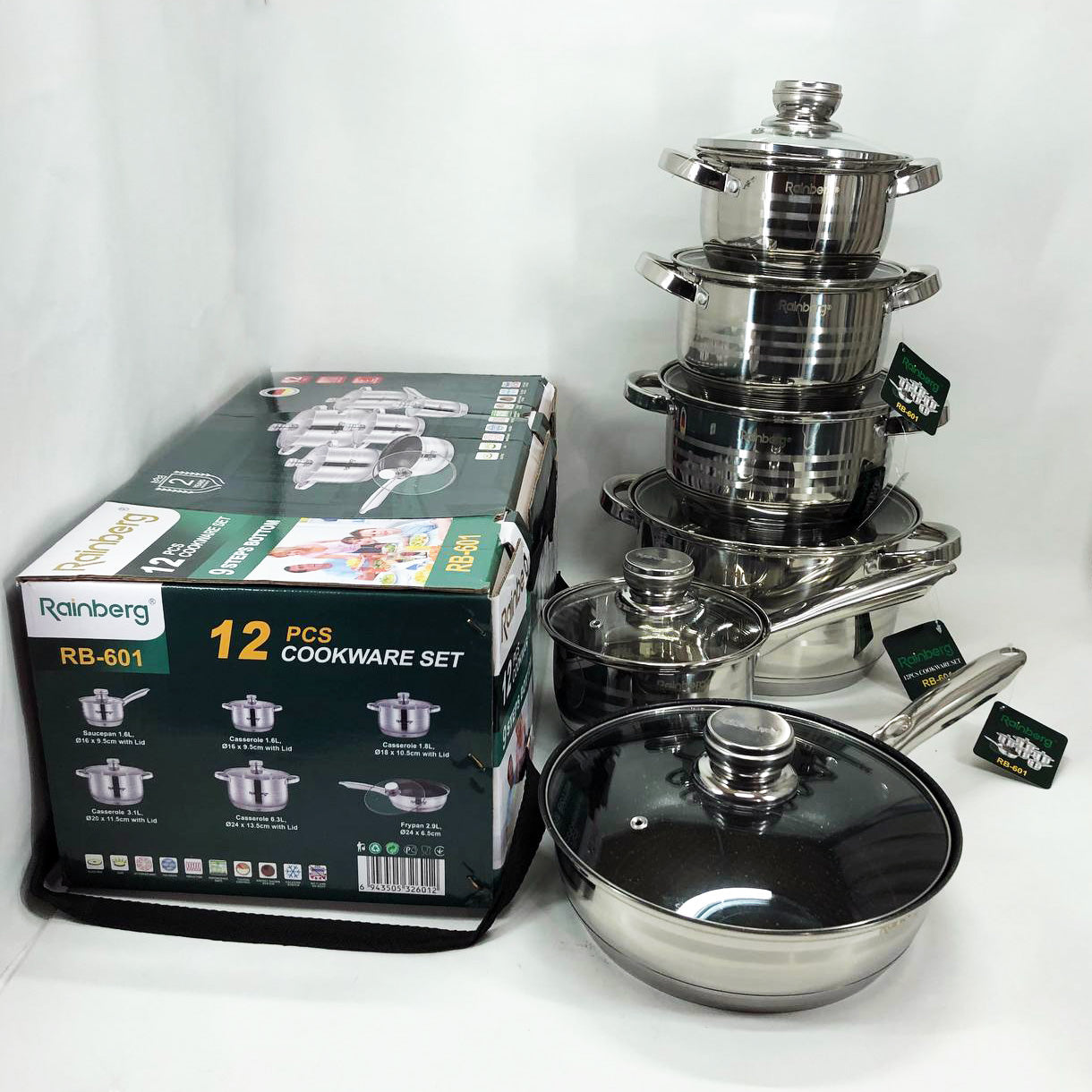 Набор посуды Rainberg RB-601 (12 предметов) из нержавеющей стали, кастрюли из нержавейки для плиты