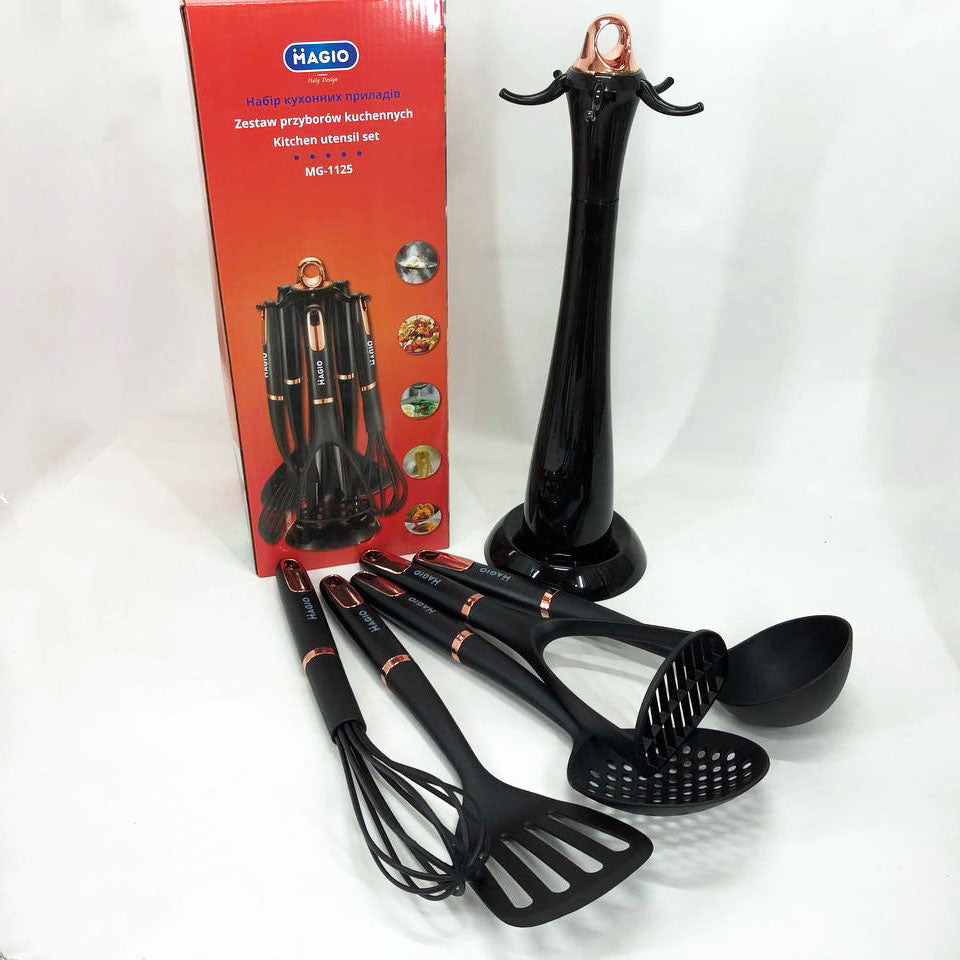 Набор кухонных приборов Magio MG-1125, набор поварешек на подставке, набор силиконовых приборов для кухни