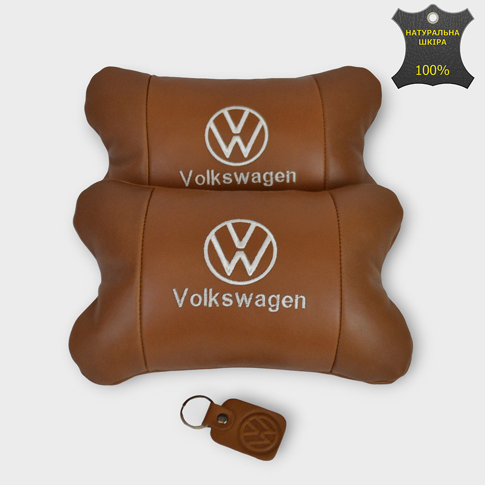 Набор подушек 2шт для автомобиля Volkswagen из натуральной коричневой кожи. Подушки на подголовник