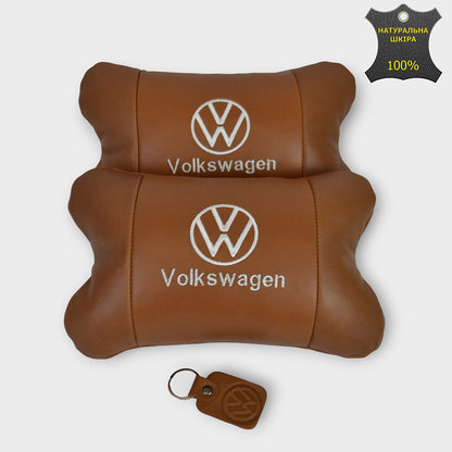 Набор подушек 2шт для автомобиля Volkswagen из натуральной коричневой кожи. Подушки на подголовник