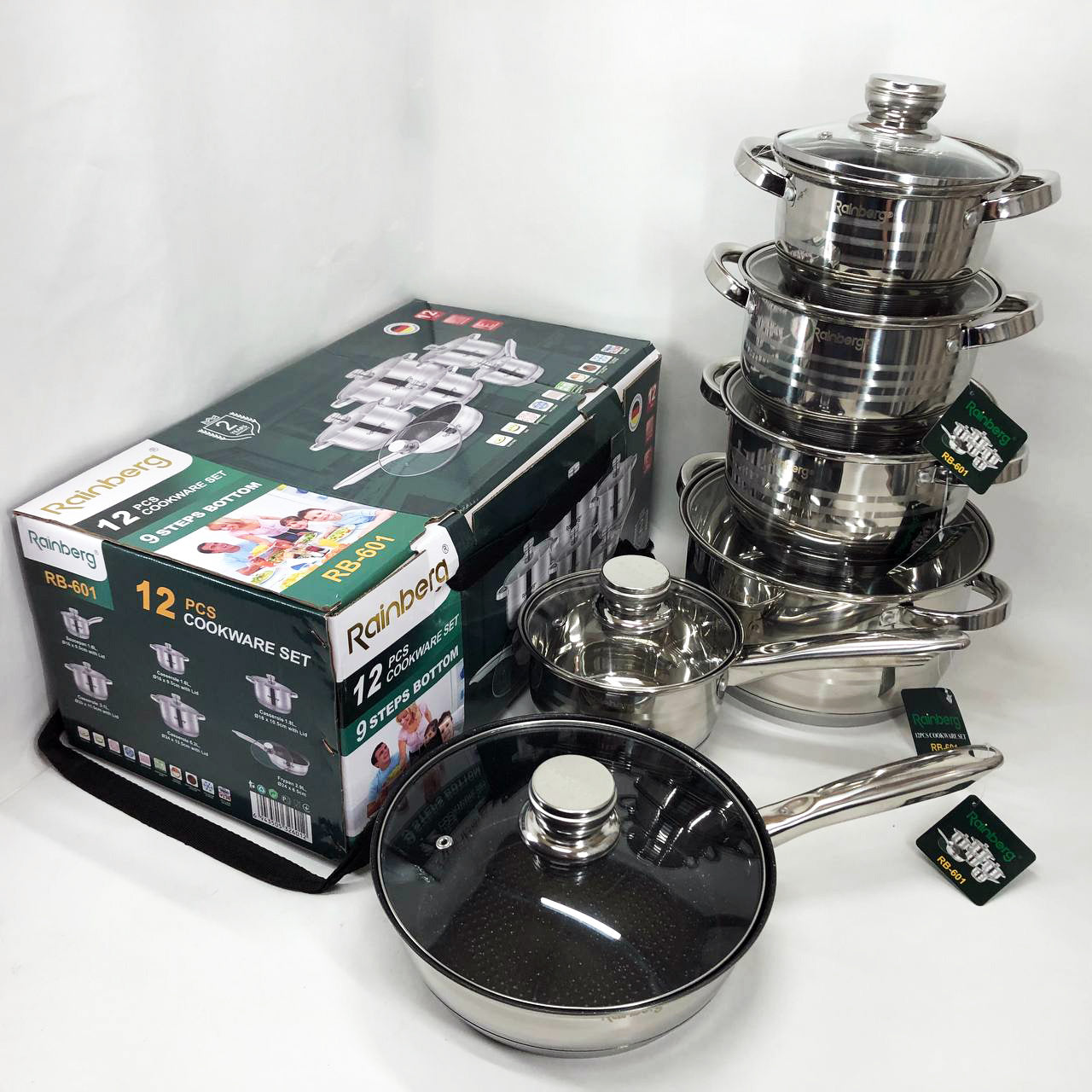 Набор посуды Rainberg RB-601 (12 предметов) из нержавеющей стали, кастрюли из нержавейки для плиты