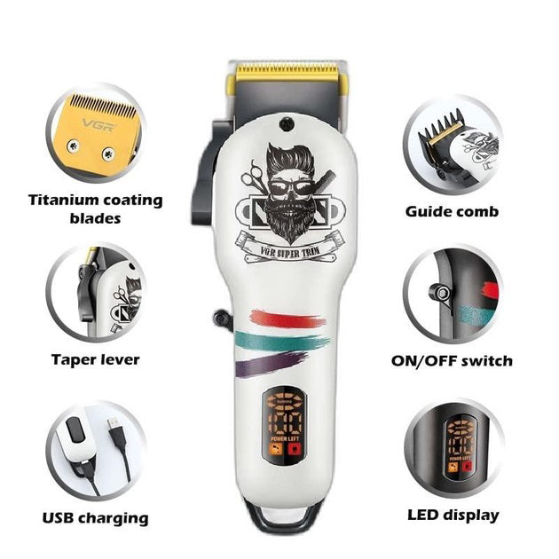 Машинка для стрижки волос и бороды профессиональная VGR V-699 B с насадками и LED дисплеем. Цвет: белый