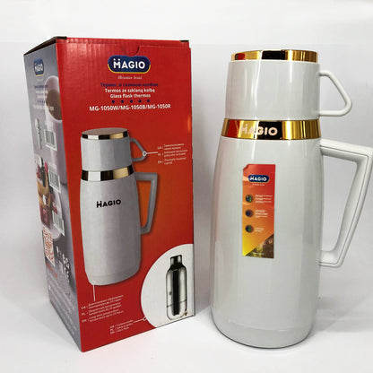 Термос Magio MG-1050W со стеклянной колбой, Хороший небольшой термос, для питьевой воды. Цвет: белый