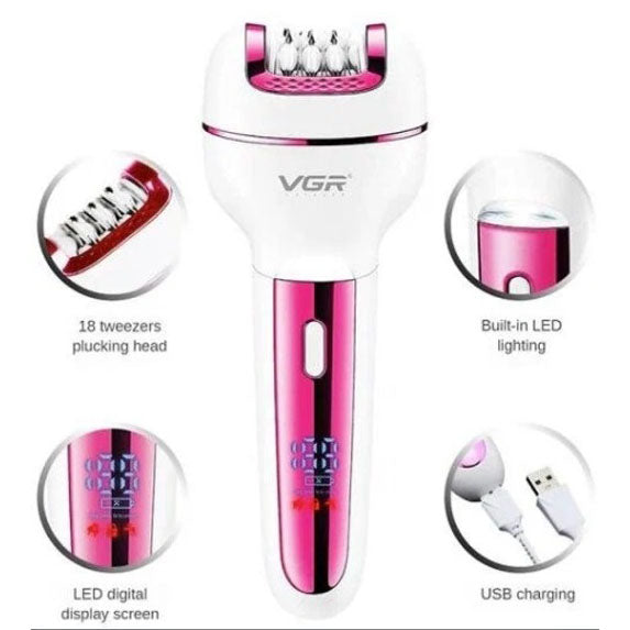 Женский беспроводной эпилятор 3в1 VGR V-732 для ног и зоны бикини с подсветкой и дисплеем. Цвет: розовый
