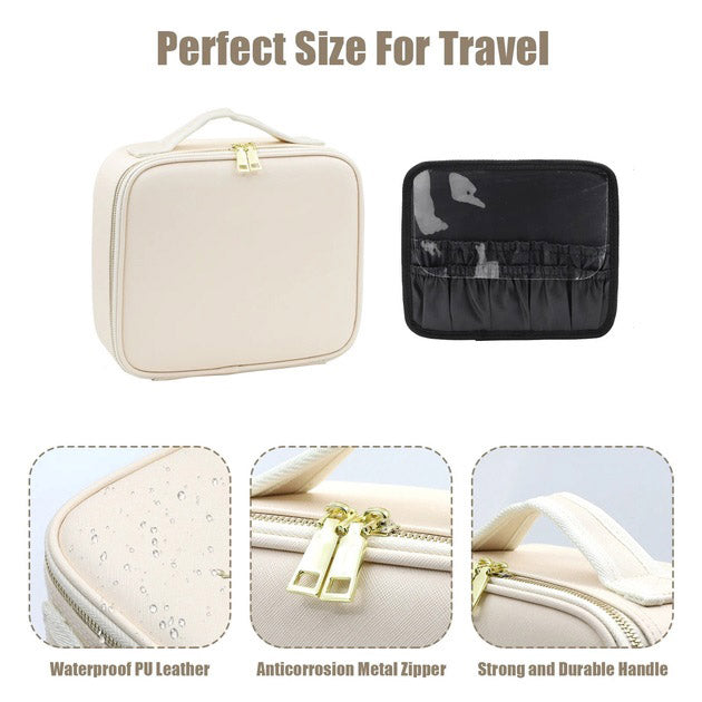 Портативная косметичка органайзер дорожный бьюти кейс с ручкой для с зеркалом и LED-подсветкой бежевый