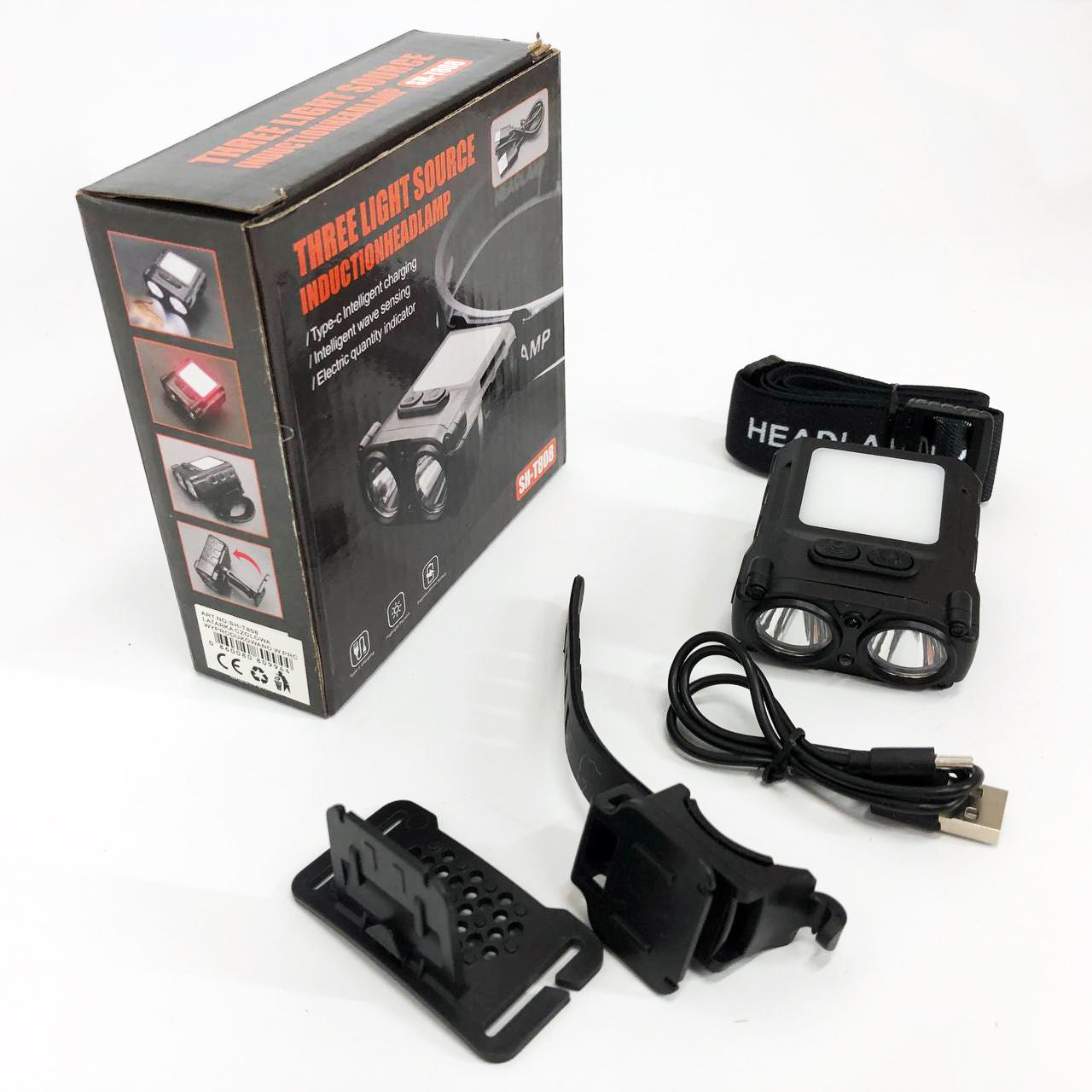 Фонарь налобный SH-T808-2XPE-20SMD-white/red с датчиком движения, мощный налобный фонарь для рыбалки