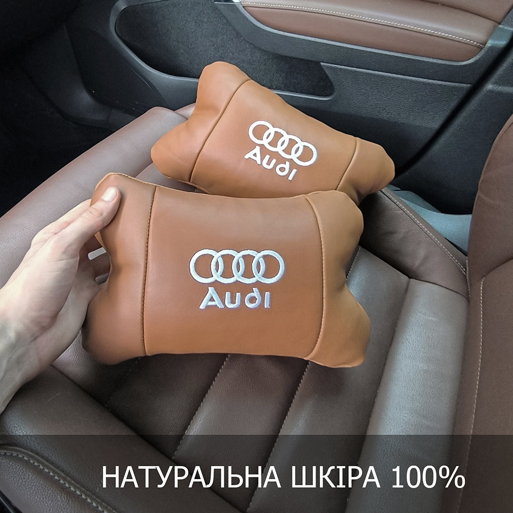 Набор из двух подушек на подголовник Audi, из натуральной коричневой кожи, Подарок мужчине водителю