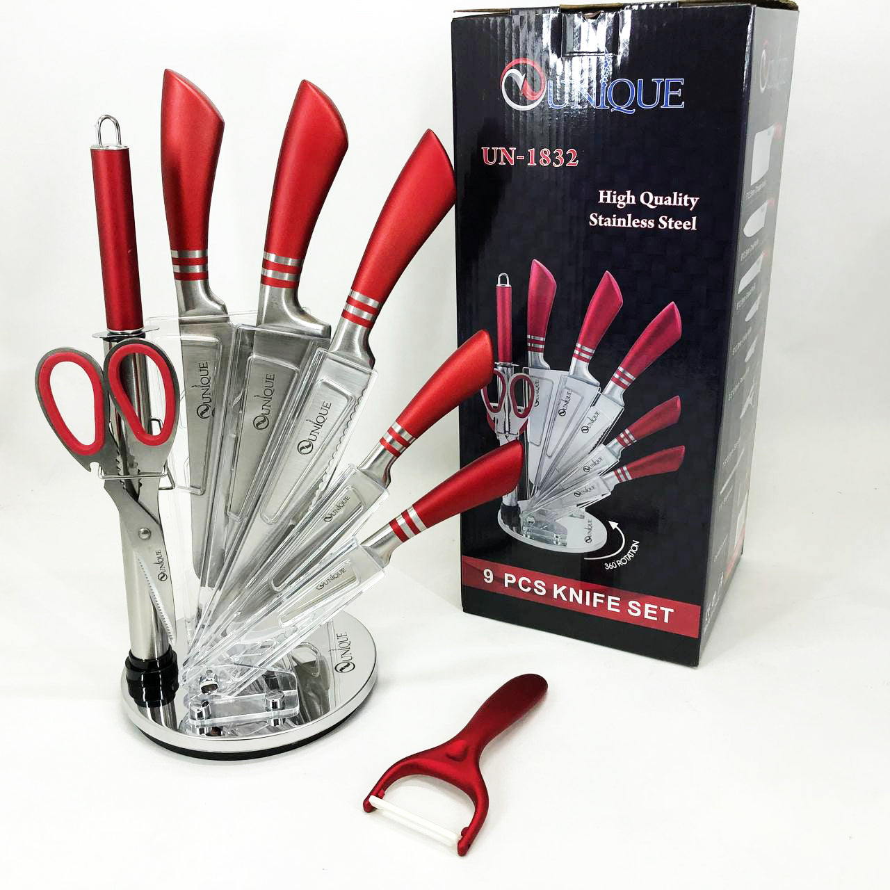 Набор ножей UNIQUE UN-1832 с подставкой 9 предметов овощечистка точилка ножницы Нержавеющая сталь