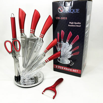 Набор ножей UNIQUE UN-1832 с подставкой 9 предметов овощечистка точилка ножницы Нержавеющая сталь