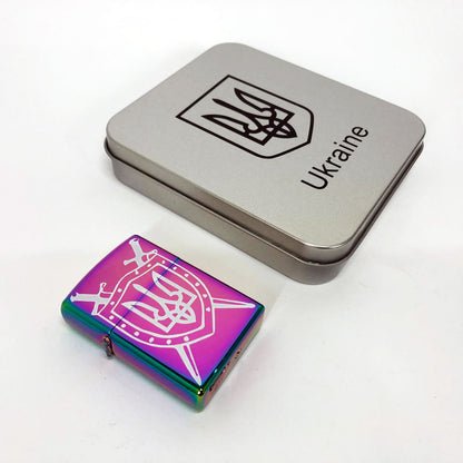 Дуговая электроимпульсная USB зажигалка Украина металлическая коробка HL-446. Цвет: хамелеон