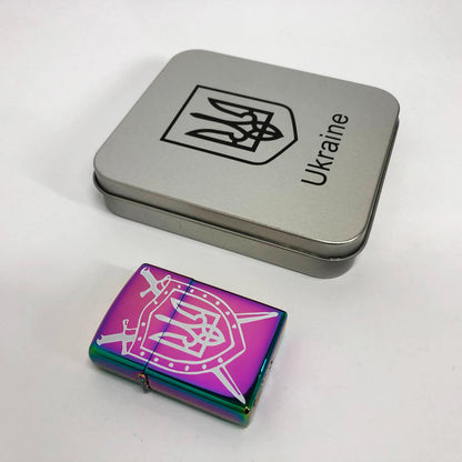 Дуговая электроимпульсная USB зажигалка Украина металлическая коробка HL-446. Цвет: хамелеон