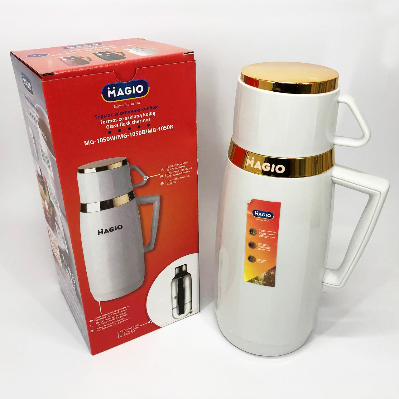 Термос Magio MG-1050W со стеклянной колбой, Хороший небольшой термос, для питьевой воды. Цвет: белый