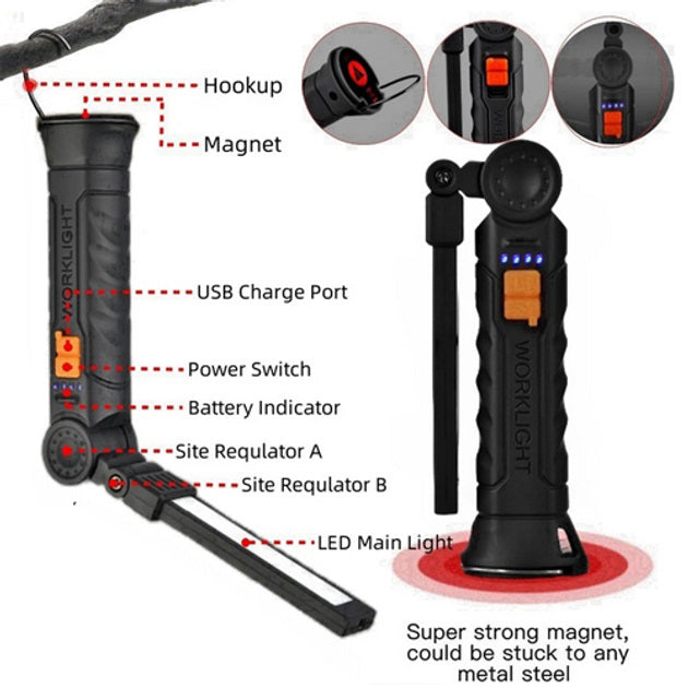 Фонарь поворотный Worklight G51-LED-COB с магнитом и крюком, Кемпинговый складной фонарь