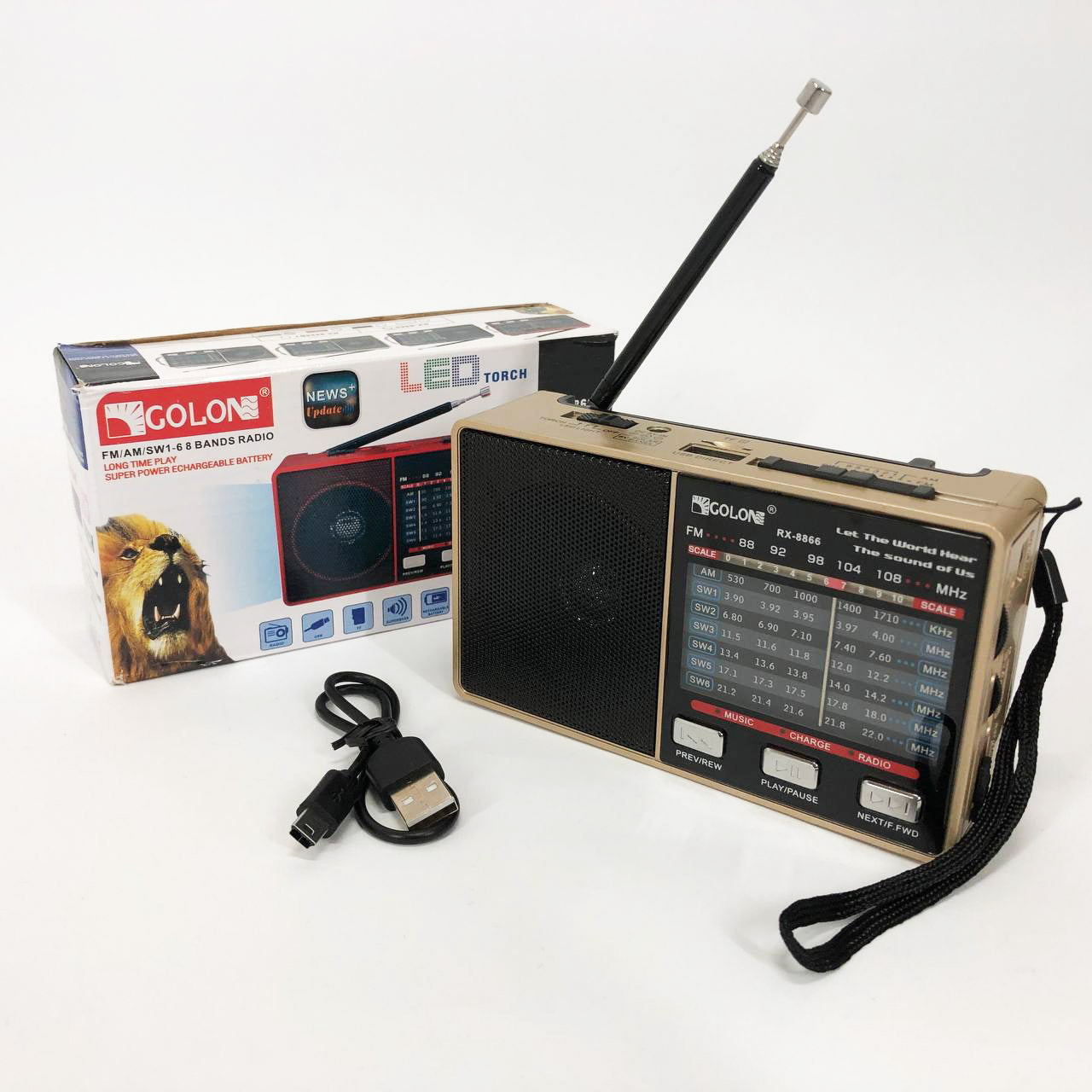 Радио GOLON RX-8866 цифровой портативный радиоприемник с фонариком функцией PowerBank. Цвет: золотой
