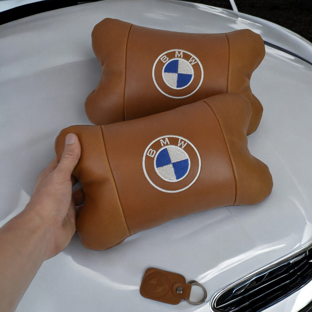 Комплект автоподушек 2шт из натуральной коричневой кожи для BMW. Ортопедическая подушка в авто БМВ