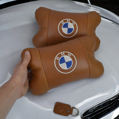 Комплект автоподушек 2шт из натуральной коричневой кожи для BMW. Ортопедическая подушка в авто БМВ