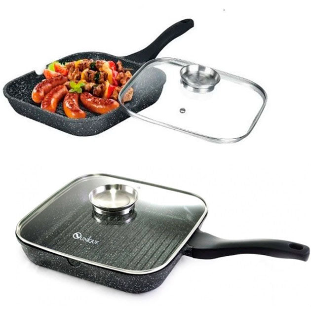 Сковорода-гриль Unique UN-4011 с крышкой 24 см, Сковорода для приготовления на плите с толстым дном