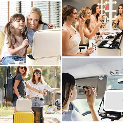 Портативная косметичка органайзер дорожный бьюти кейс с ручкой для с зеркалом и LED-подсветкой бежевый