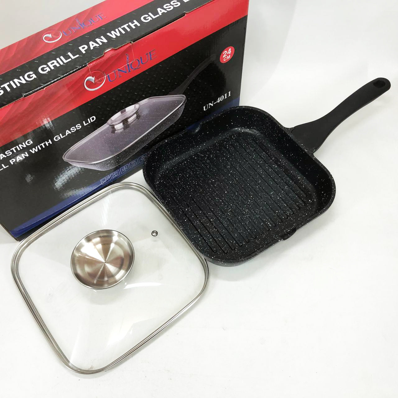 Сковорода-гриль Unique UN-4011 с крышкой 24 см, Сковорода для приготовления на плите с толстым дном