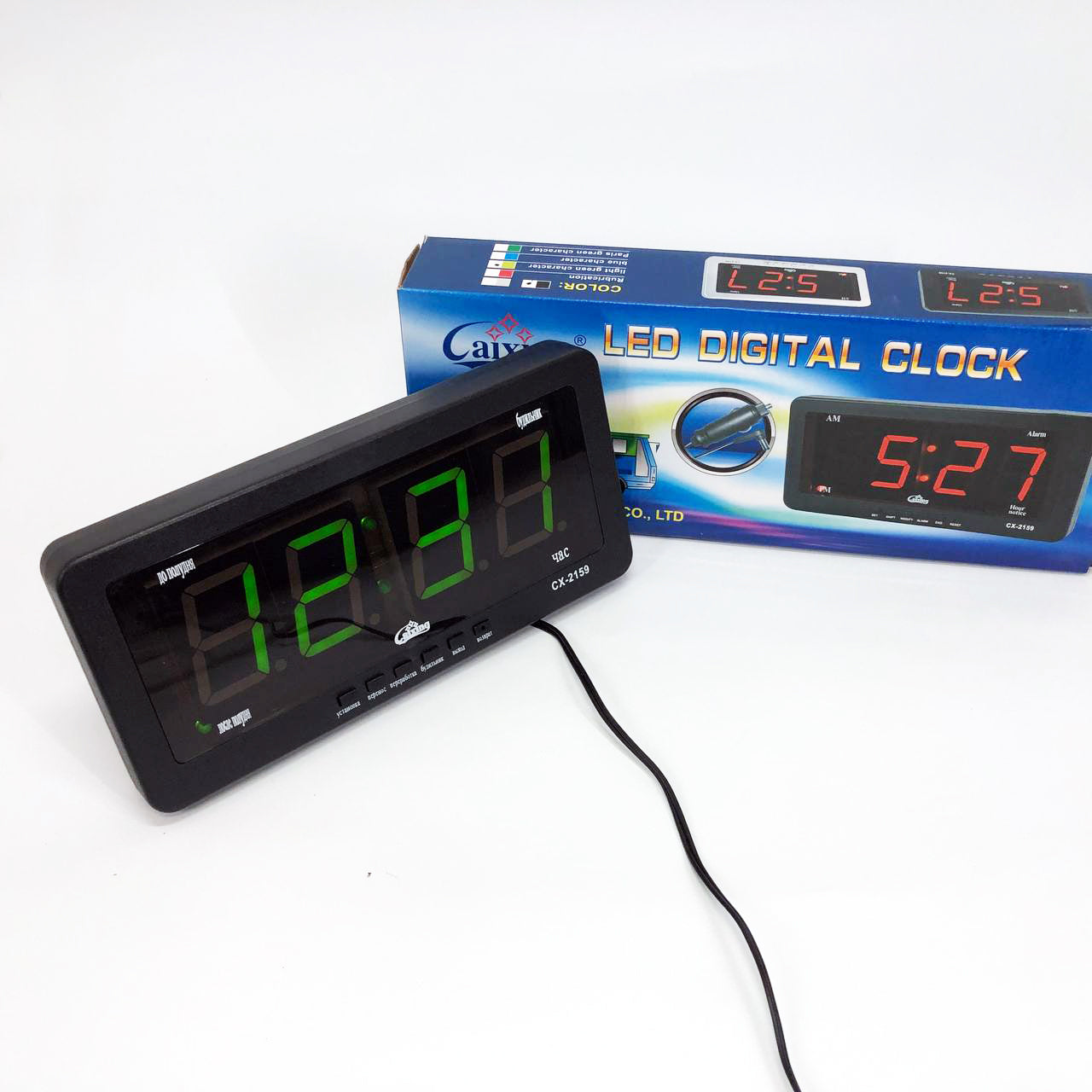 Часы электронные Caixing CX 2159 12В 220В Настольные Настенные Будильник Черный корпус Зеленые цифры