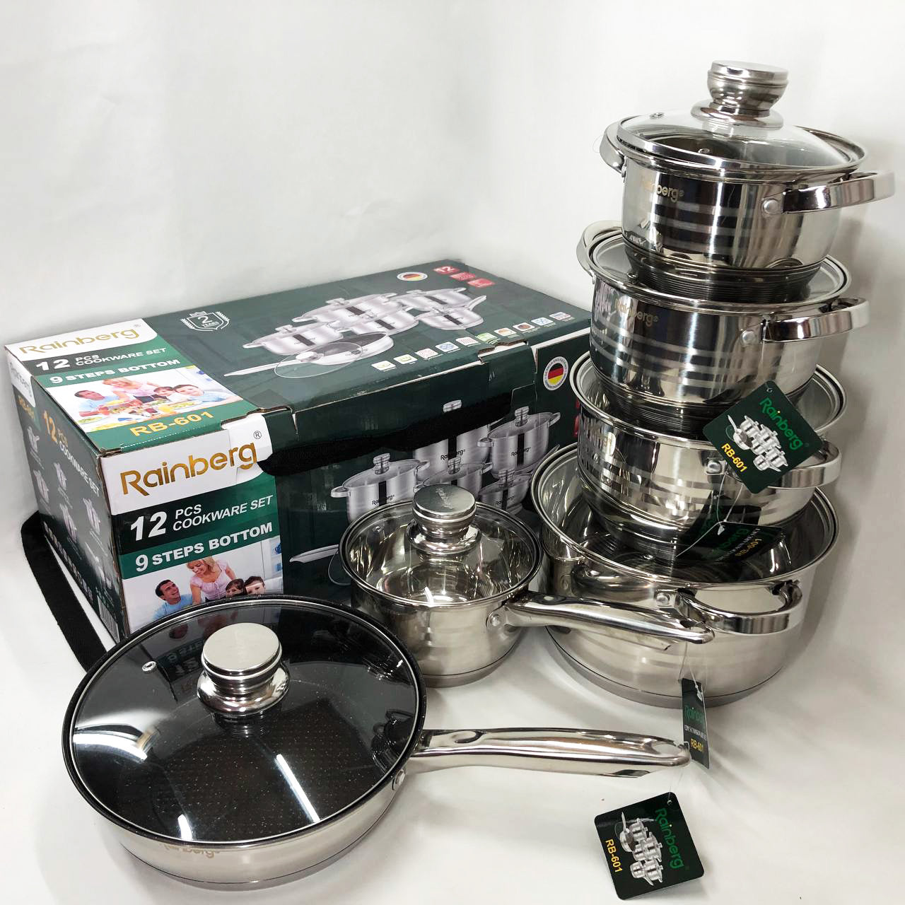 Набор посуды Rainberg RB-601 (12 предметов) из нержавеющей стали, кастрюли из нержавейки для плиты