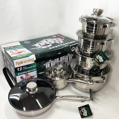 Набор посуды Rainberg RB-601 (12 предметов) из нержавеющей стали, кастрюли из нержавейки для плиты