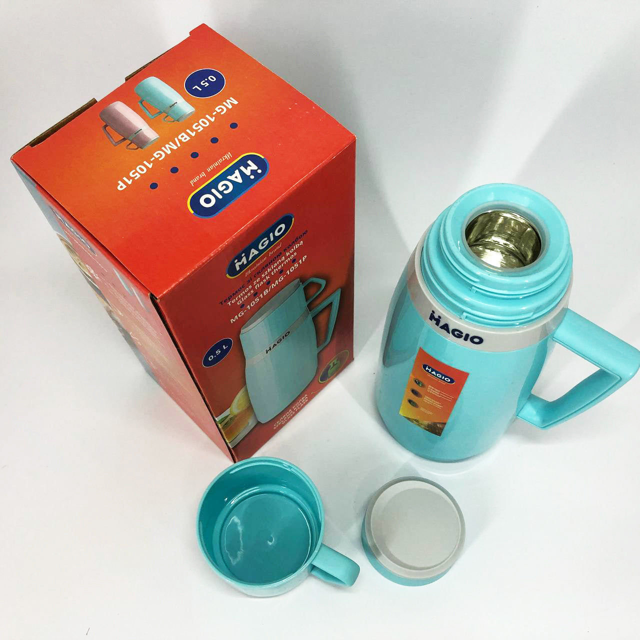 Термос Magio MG-1051B со стеклянной колбой, Хороший небольшой термос, Термос для воды. Цвет: голубой