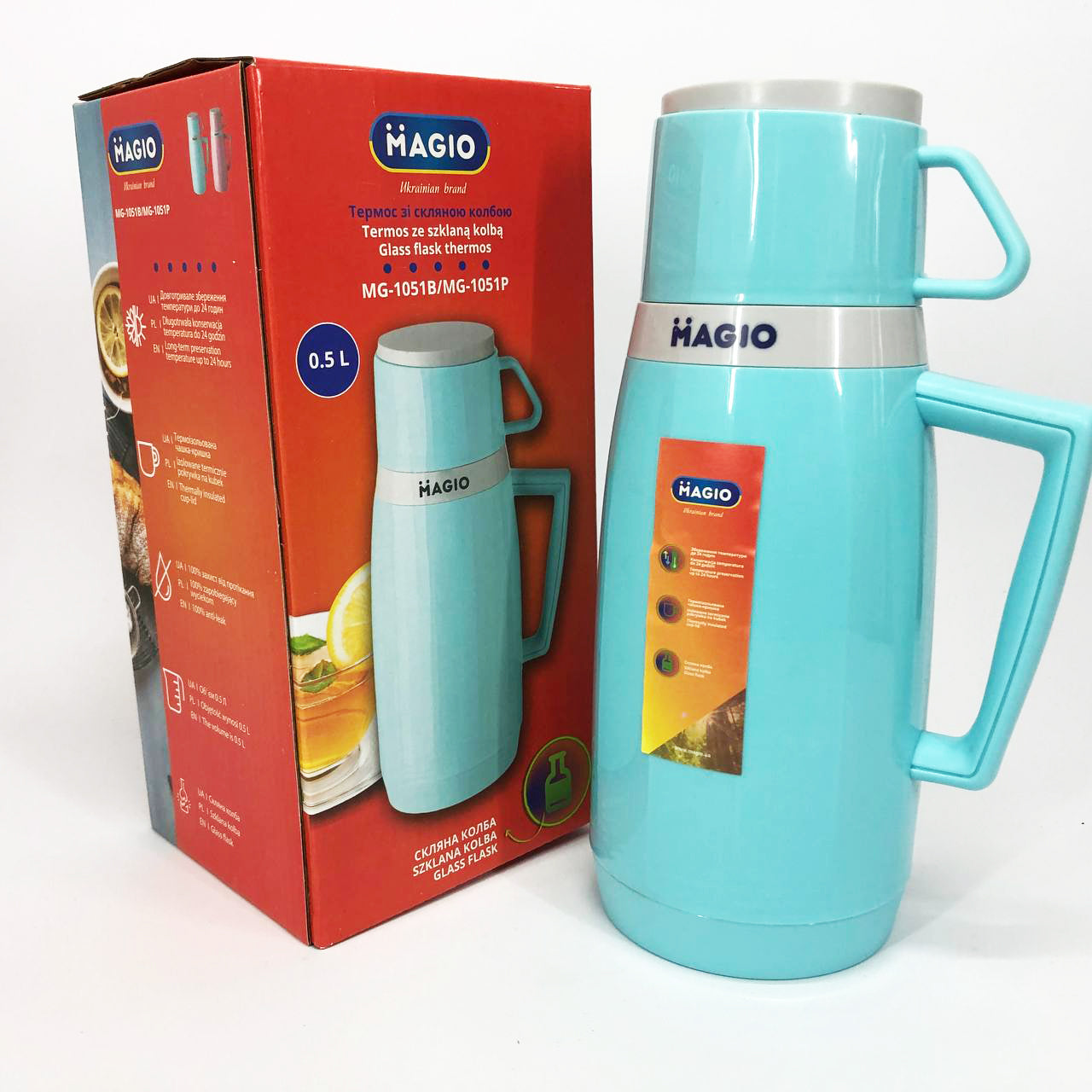 Термос Magio MG-1051B со стеклянной колбой, Хороший небольшой термос, Термос для воды. Цвет: голубой