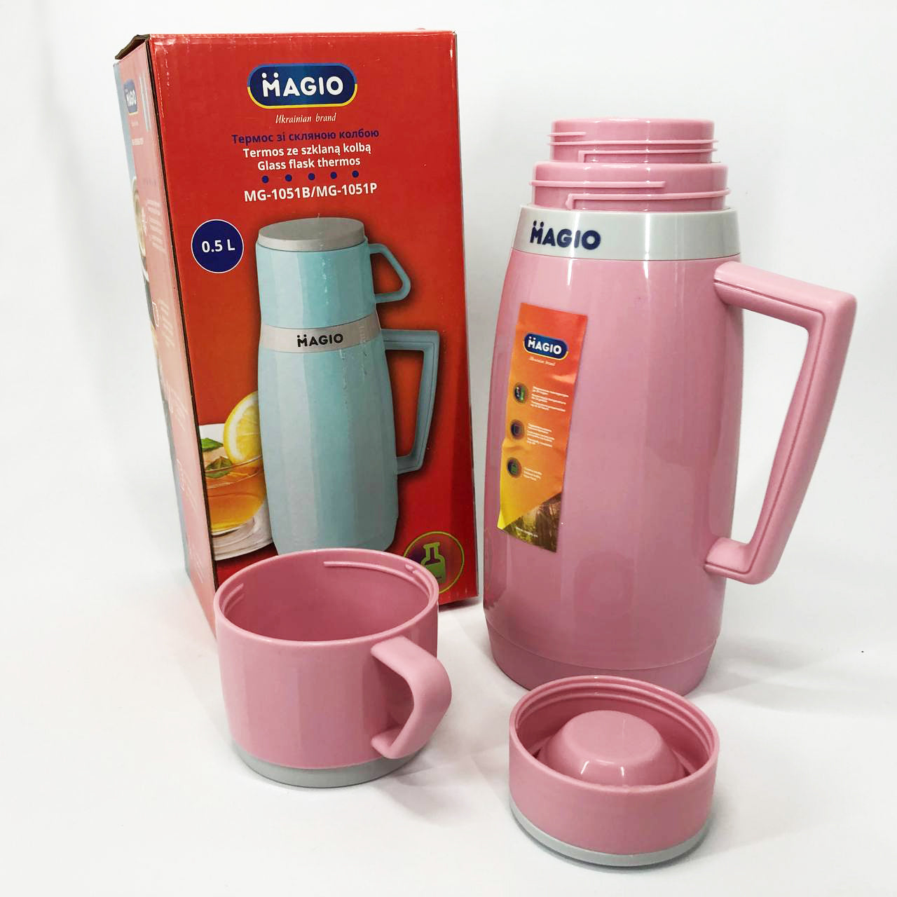 Термос Magio MG-1051P со стеклянной колбой, Термос для питьевой воды, термос для дома. Цвет: розовый