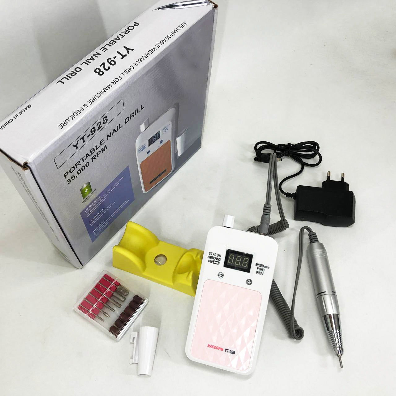 Портативный Фрезер для ногтей Nail Drill YT-928 аккумуляторный с индикатором заряда на 35 000 оборотов. Цвет: белый