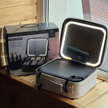 Портативная косметичка органайзер дорожный бьюти кейс с ручкой для с зеркалом и LED-подсветкой бежевый