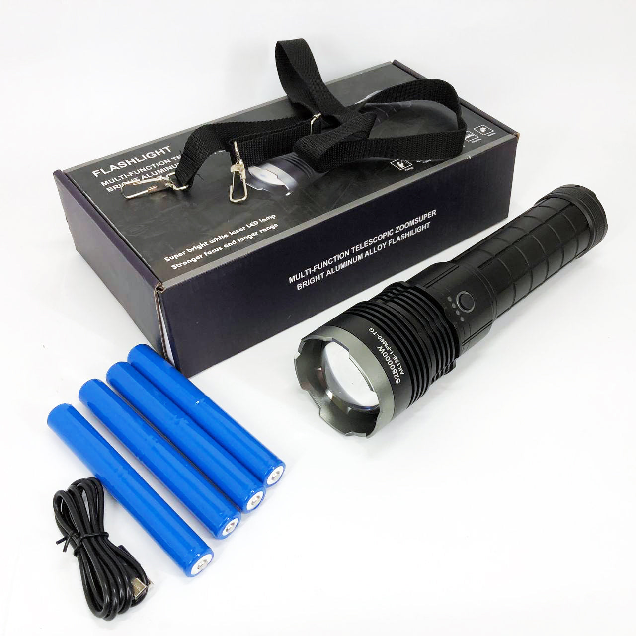 Фонарь ручной модели Police AK138-1 WHITE LASER LED PM60-TG 8х18650, USB-зарядка, Power Bank, зум