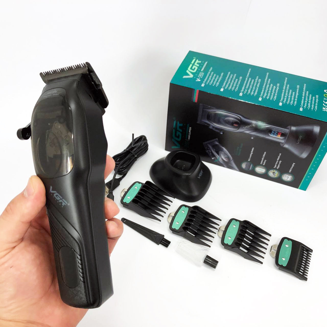 Машинка для стрижки волос VGR V-269 (профессиональная) с дисплеем и 4 насадками, окантовочная машинка