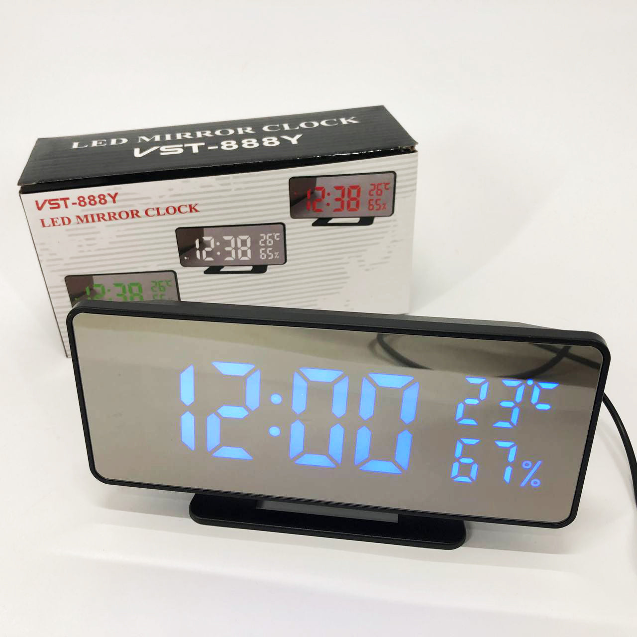 Часы настольные зеркальные VST-888Y-5 USB с синим циферблатом, Настольные часы с подсветкой