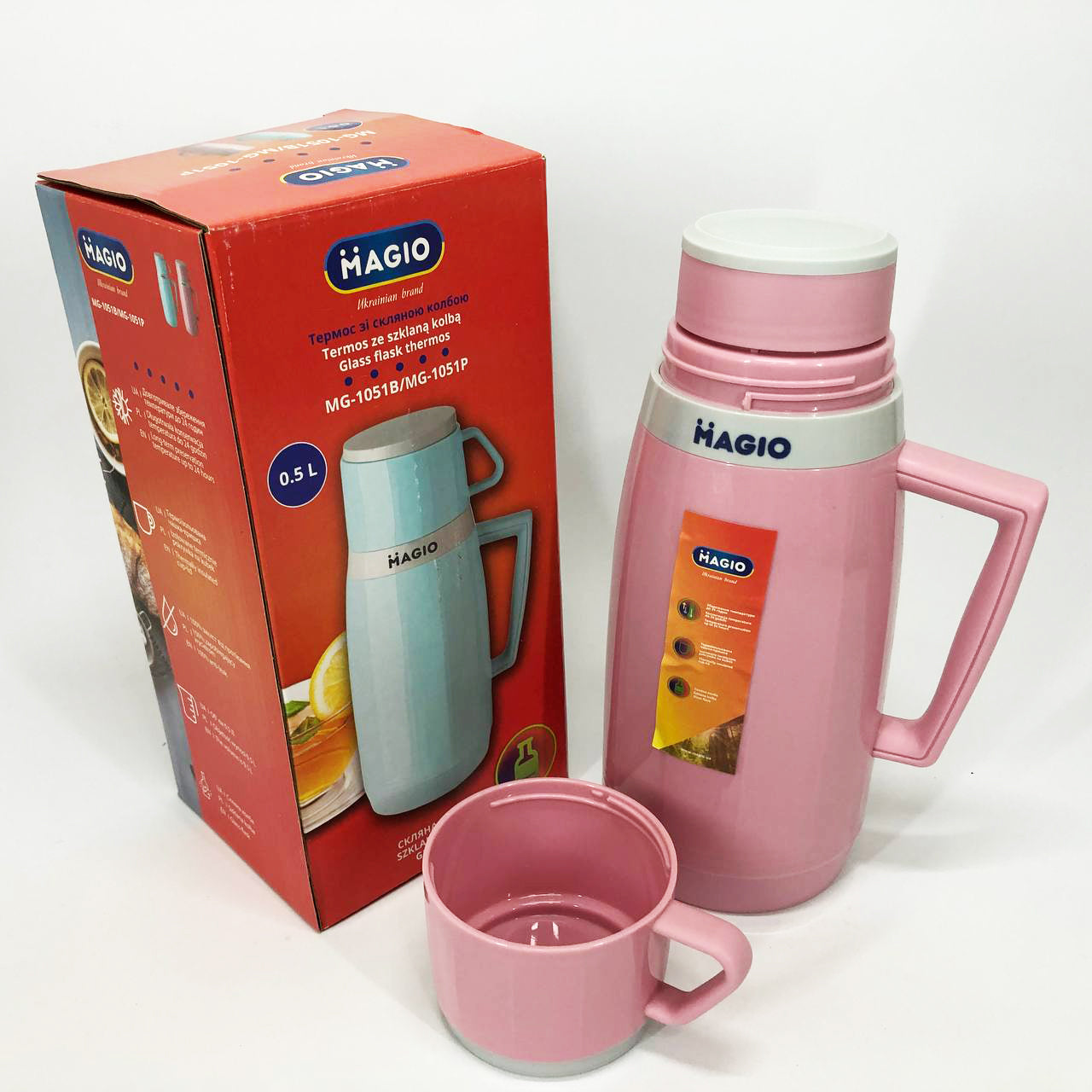 Термос Magio MG-1051P со стеклянной колбой, Термос для питьевой воды, термос для дома. Цвет: розовый