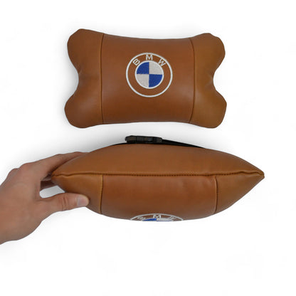 Комплект автоподушек 2шт из натуральной коричневой кожи для BMW. Ортопедическая подушка в авто БМВ