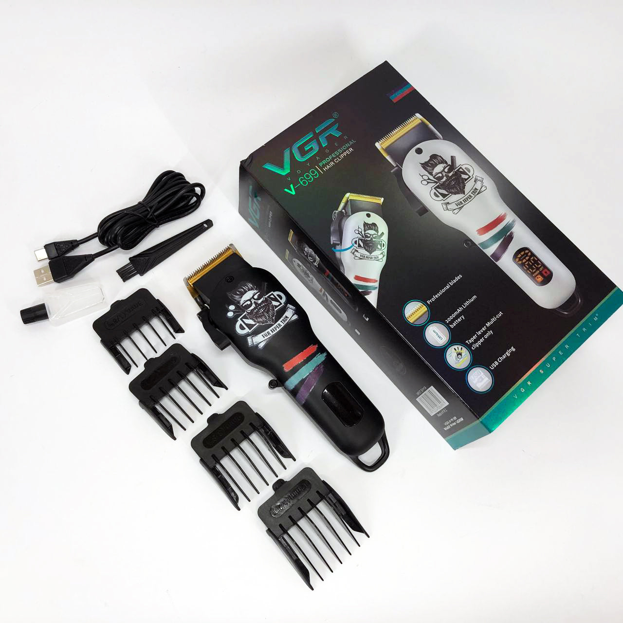 Машинка для стрижки волос и бороды профессиональная VGR V-699 с насадками и LED дисплеем. Цвет: черный