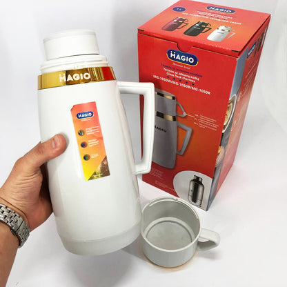 Термос Magio MG-1050W со стеклянной колбой, Хороший небольшой термос, для питьевой воды. Цвет: белый