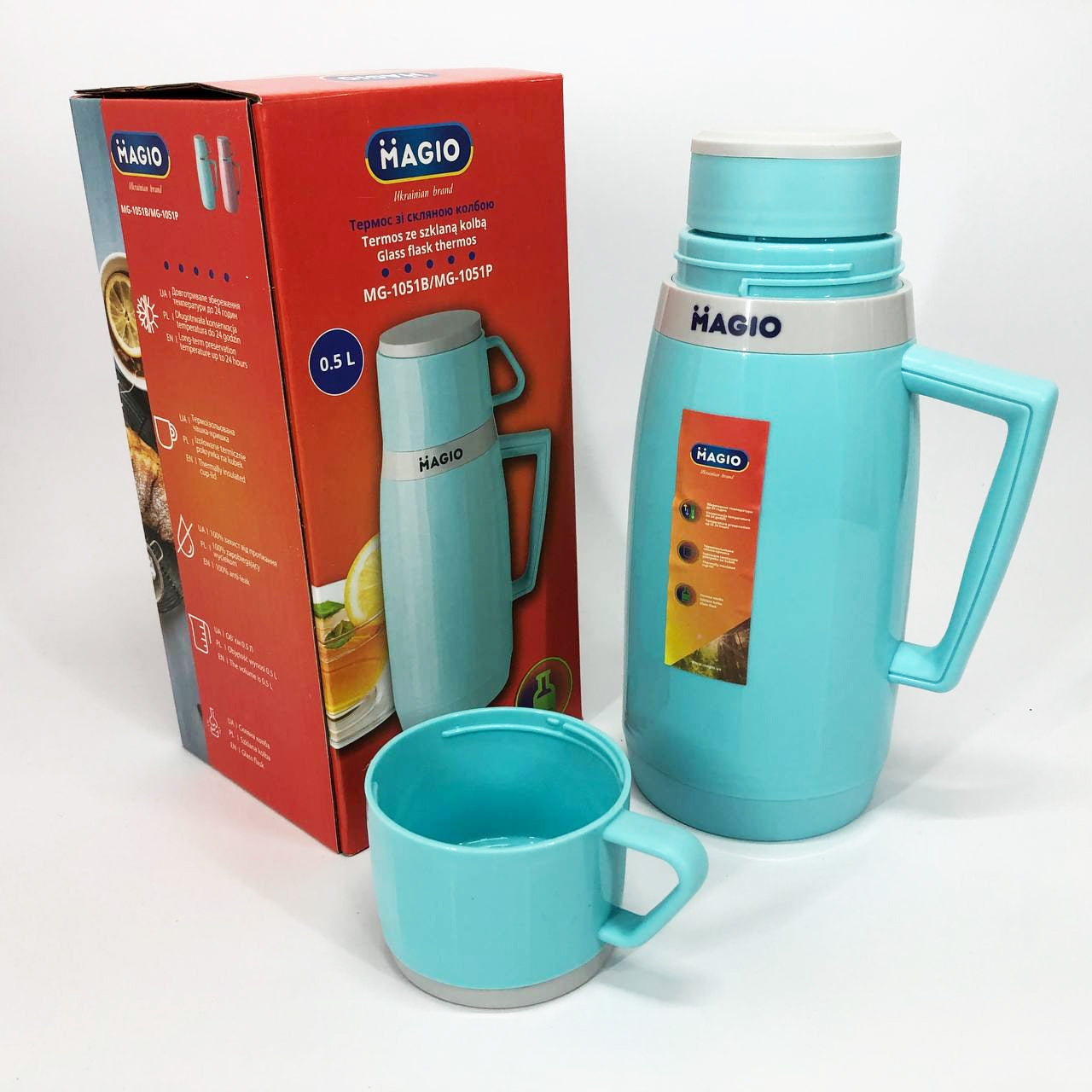 Термос Magio MG-1051B со стеклянной колбой, Хороший небольшой термос, Термос для воды. Цвет: голубой