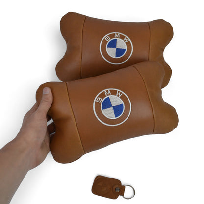 Комплект автоподушек 2шт из натуральной коричневой кожи для BMW. Ортопедическая подушка в авто БМВ