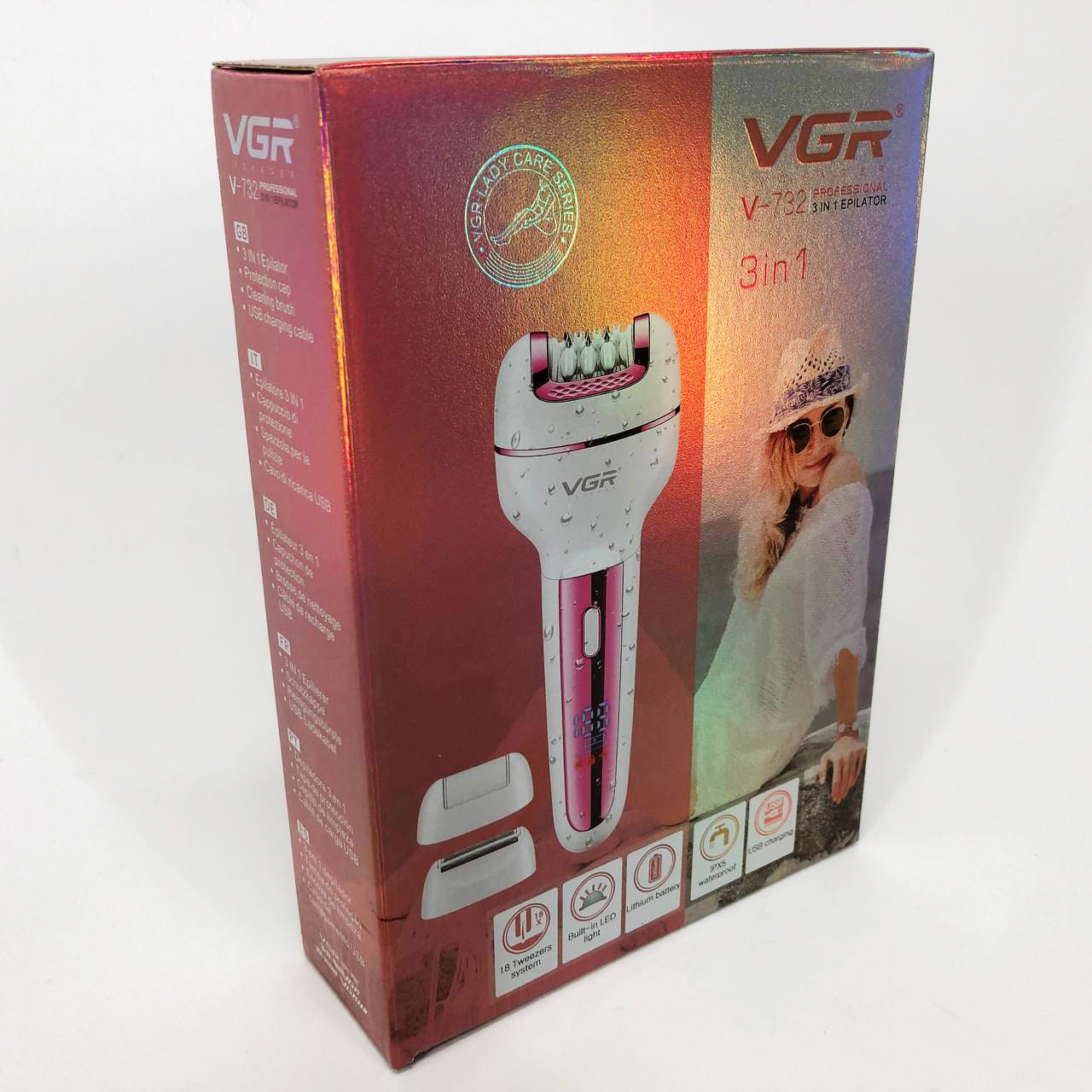 Женский беспроводной эпилятор 3в1 VGR V-732 для ног и зоны бикини с подсветкой и дисплеем. Цвет: розовый