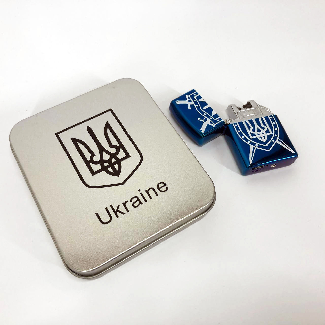 Дуговая электроимпульсная USB Зажигалка аккумуляторная Украина металлическая коробка HL-446. Цвет: синий