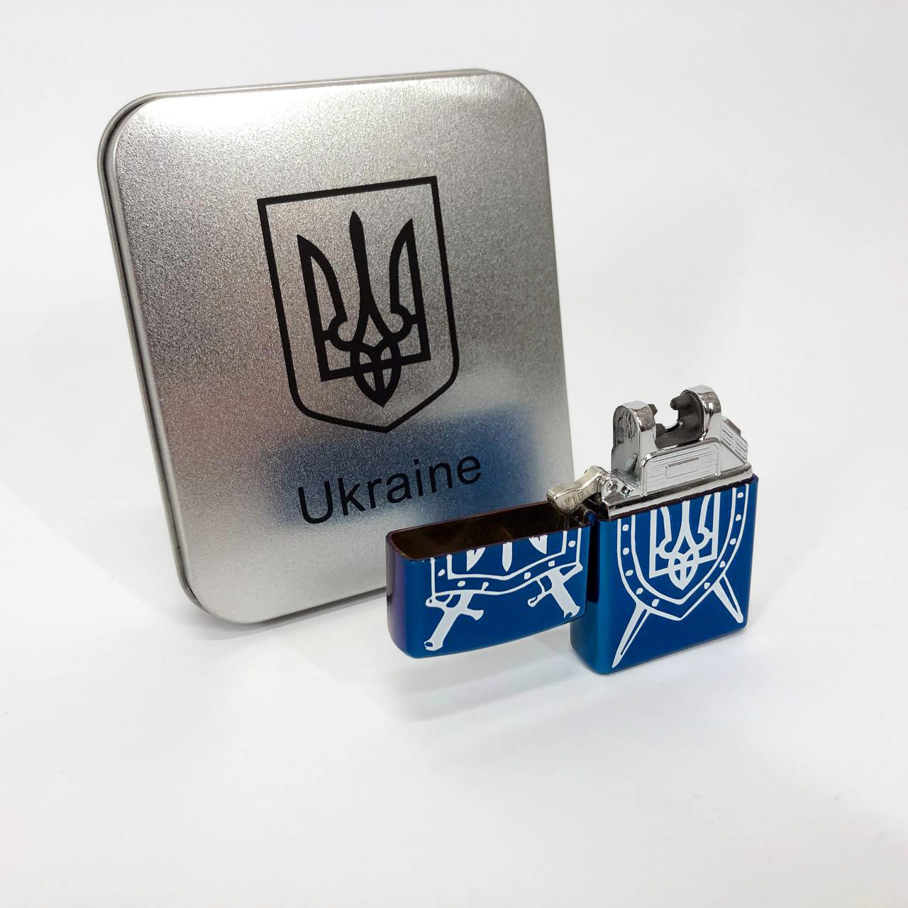 Дуговая электроимпульсная USB Зажигалка аккумуляторная Украина металлическая коробка HL-446. Цвет: синий