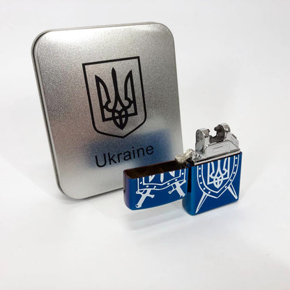 Дуговая электроимпульсная USB Зажигалка аккумуляторная Украина металлическая коробка HL-446. Цвет: синий