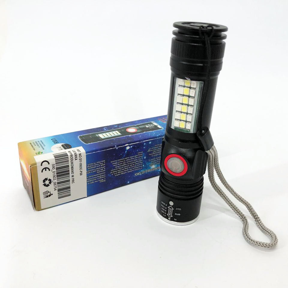 Фонарь SY-1903C-P50+SMD+RGB Alarm, ЗУ USB, карманный фонарь с usb зарядкой, сверхмощный фонарик