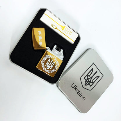 Дуговая электроимпульсная USB Юсб зажигалка Украина металлическая коробка HL-447. Цвет: золотой