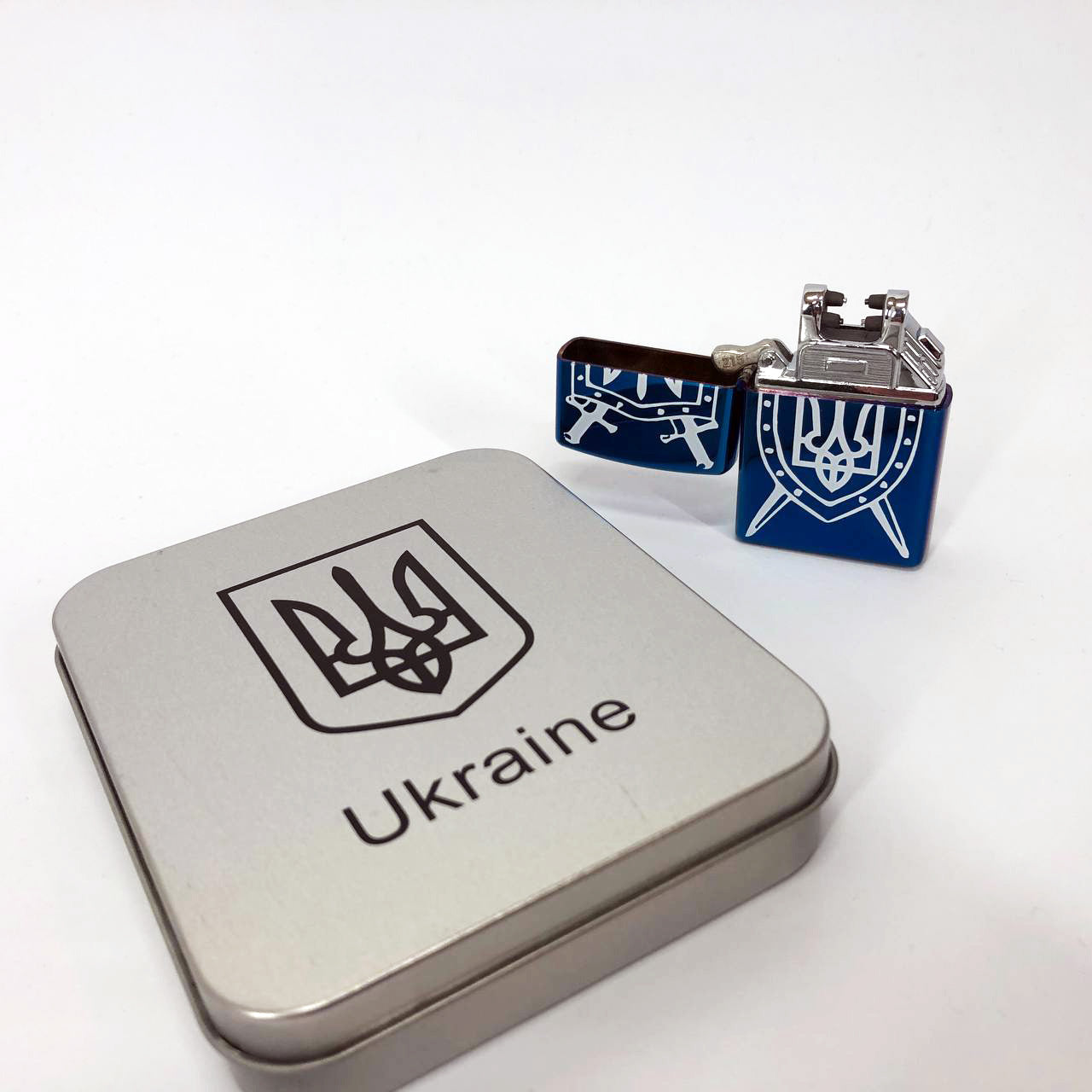 Дуговая электроимпульсная USB Зажигалка аккумуляторная Украина металлическая коробка HL-446. Цвет: синий