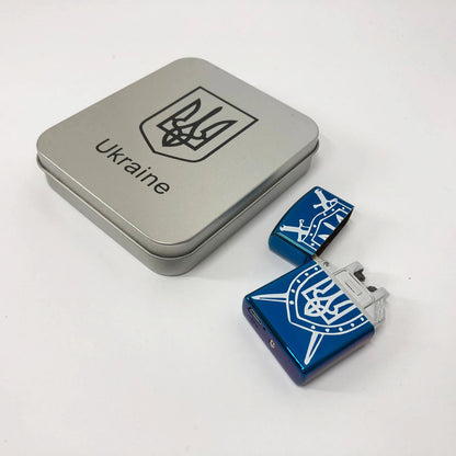 Дуговая электроимпульсная USB Зажигалка аккумуляторная Украина металлическая коробка HL-446. Цвет: синий