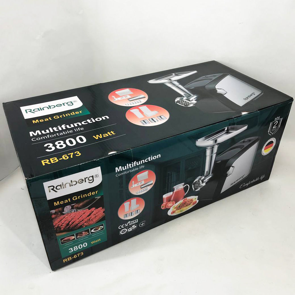 Электрическая мясорубка Rainberg RB-673 с соковыжималкой и шинковкой 9 насадок 3000W с реверсом
